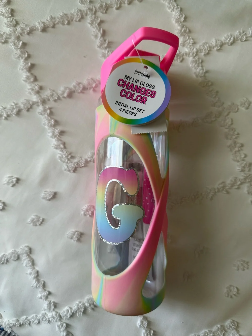 Justice Pink Lid Iridescent Sleeve Water Bottle with G Detail